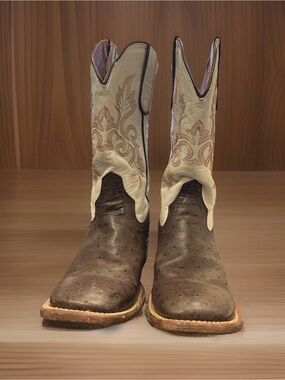 Tanner Mark Two-Tone Brown ostrich print and Cream Western Cowboy Boots Boys